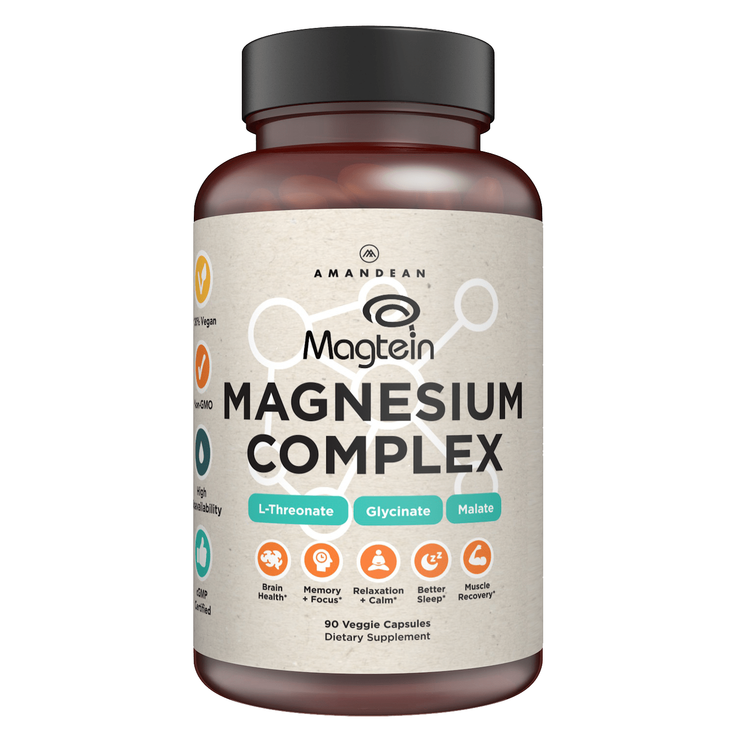 Magnesium L-Threonate Complex With Magtein (90 Veggie Capsules) Magnesium Amandean 