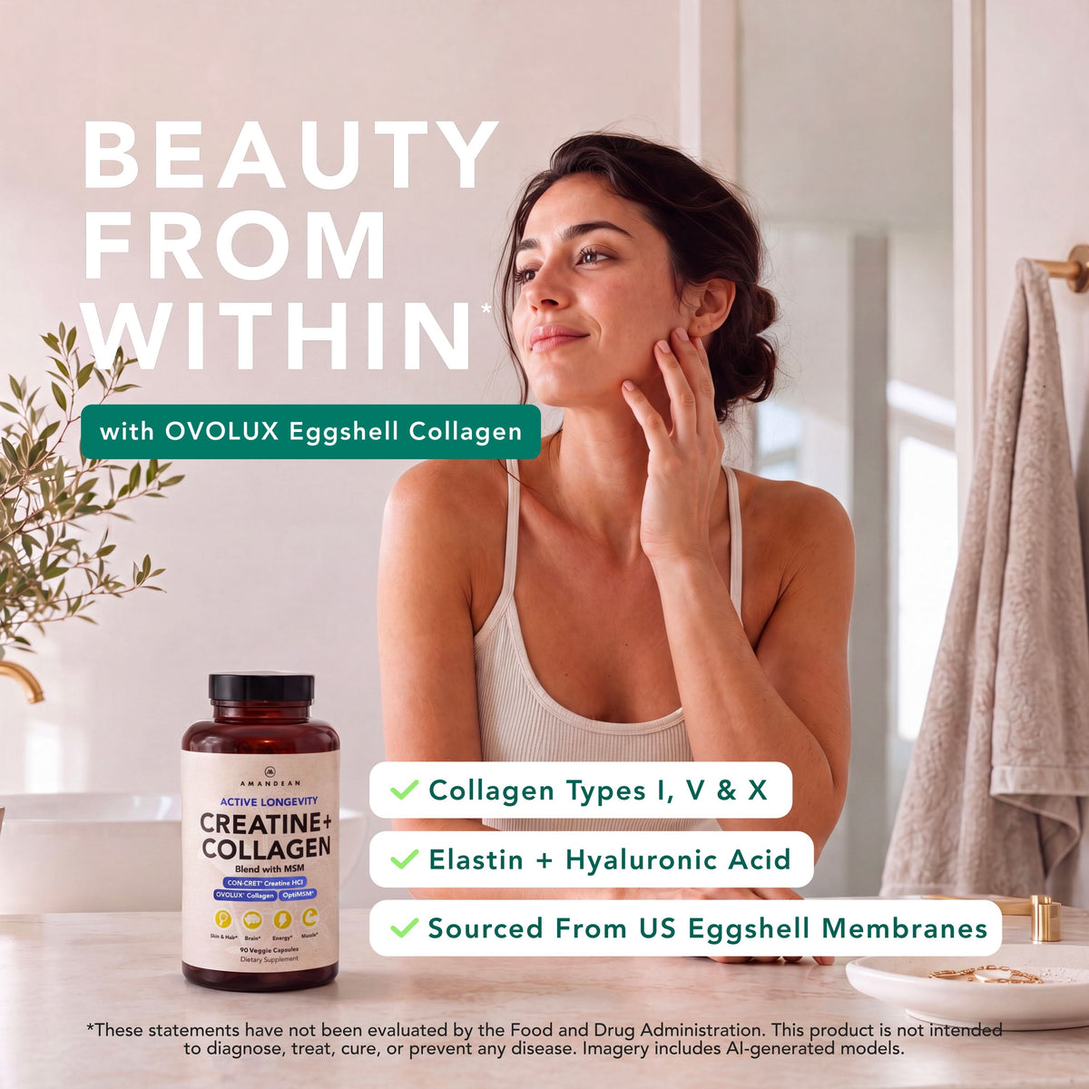 AMANDEAN Creatine and Collagen + MSM Capsules - CON-CRET HCl, OVOLUX Eggshell Collagen and OptiMSM