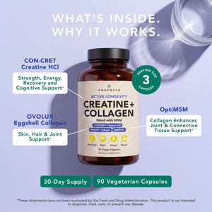 AMANDEAN Creatine and Collagen + MSM Capsules - CON-CRET HCl, OVOLUX Eggshell Collagen and OptiMSM