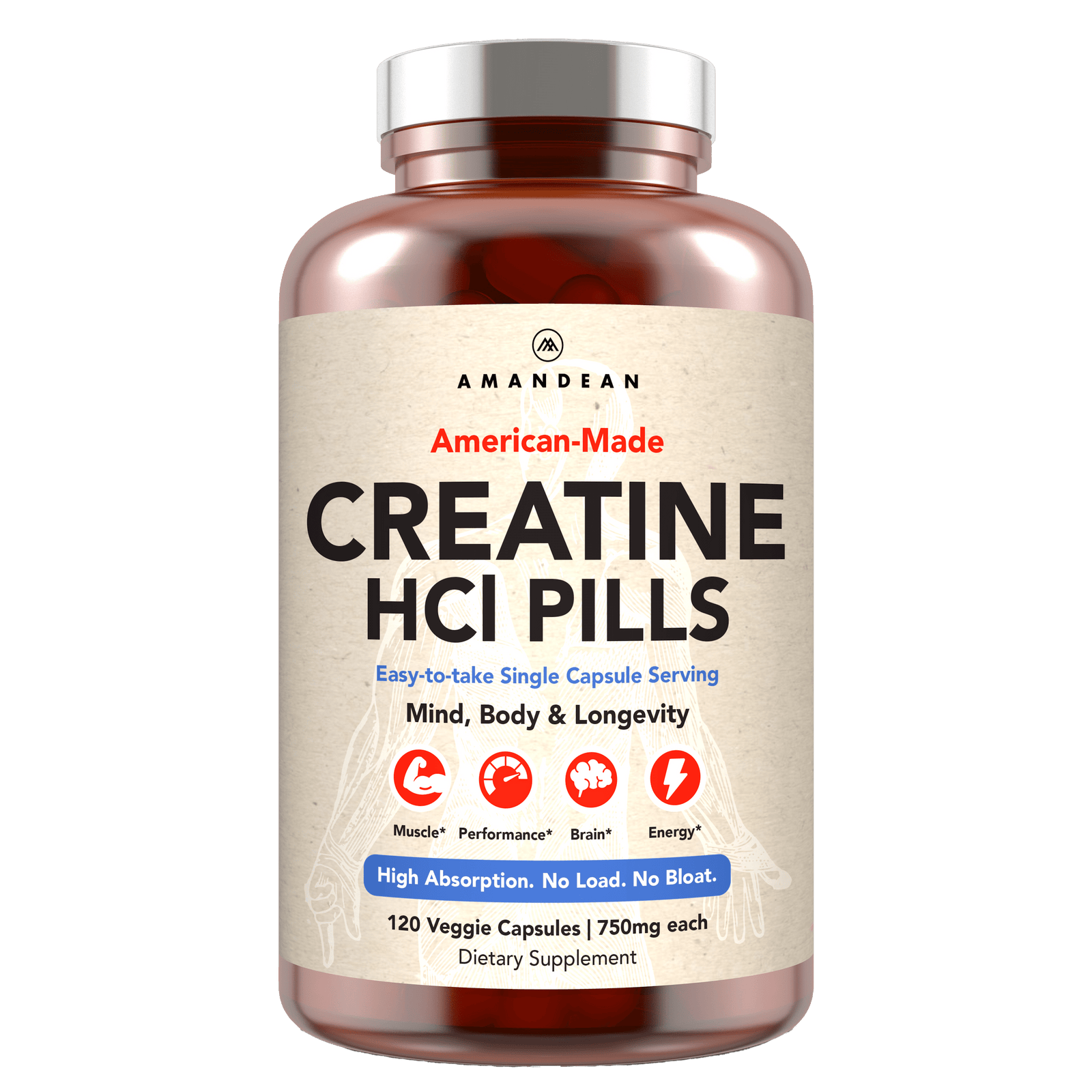 American-Made Creatine HCl (120 Veggie Capsules) Creatine HCl Amandean 