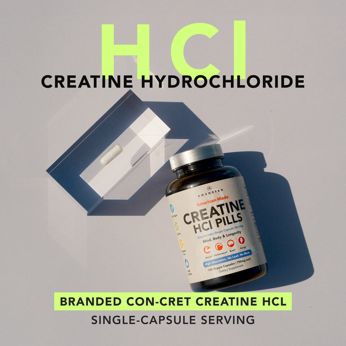 American-Made Creatine HCl (120 Veggie Capsules) Creatine HCl Amandean 