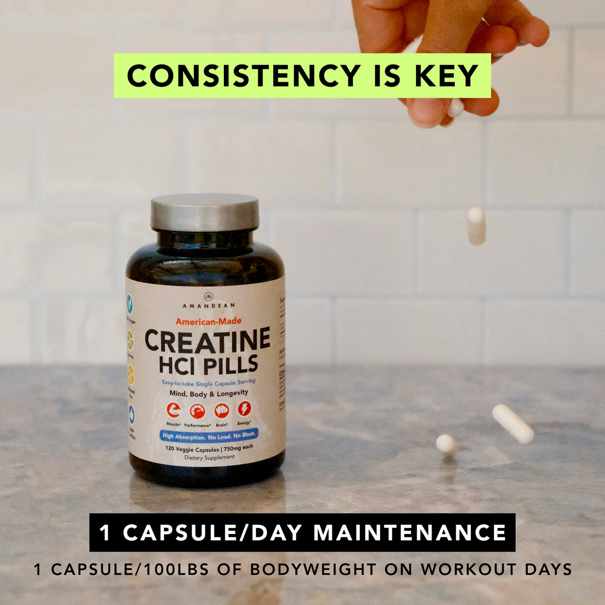 American-Made Creatine HCl (120 Veggie Capsules) Creatine HCl Amandean 
