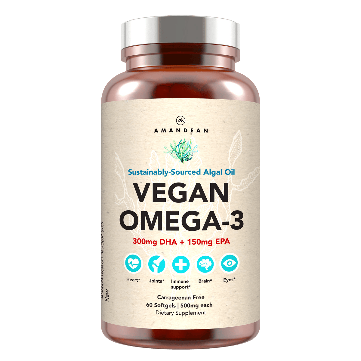 Vegan Omega-3 (DHA + EPA) 500mg Capsules Amandean 60 count 