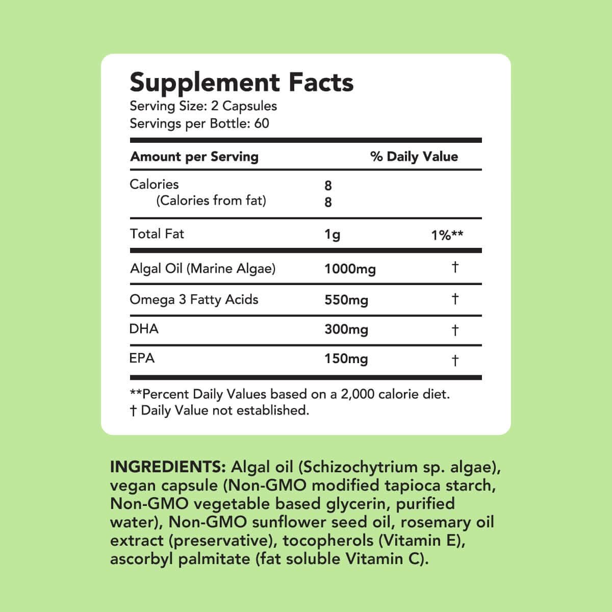 Vegan Omega-3 (DHA + EPA) 500mg Capsules Amandean 120 count