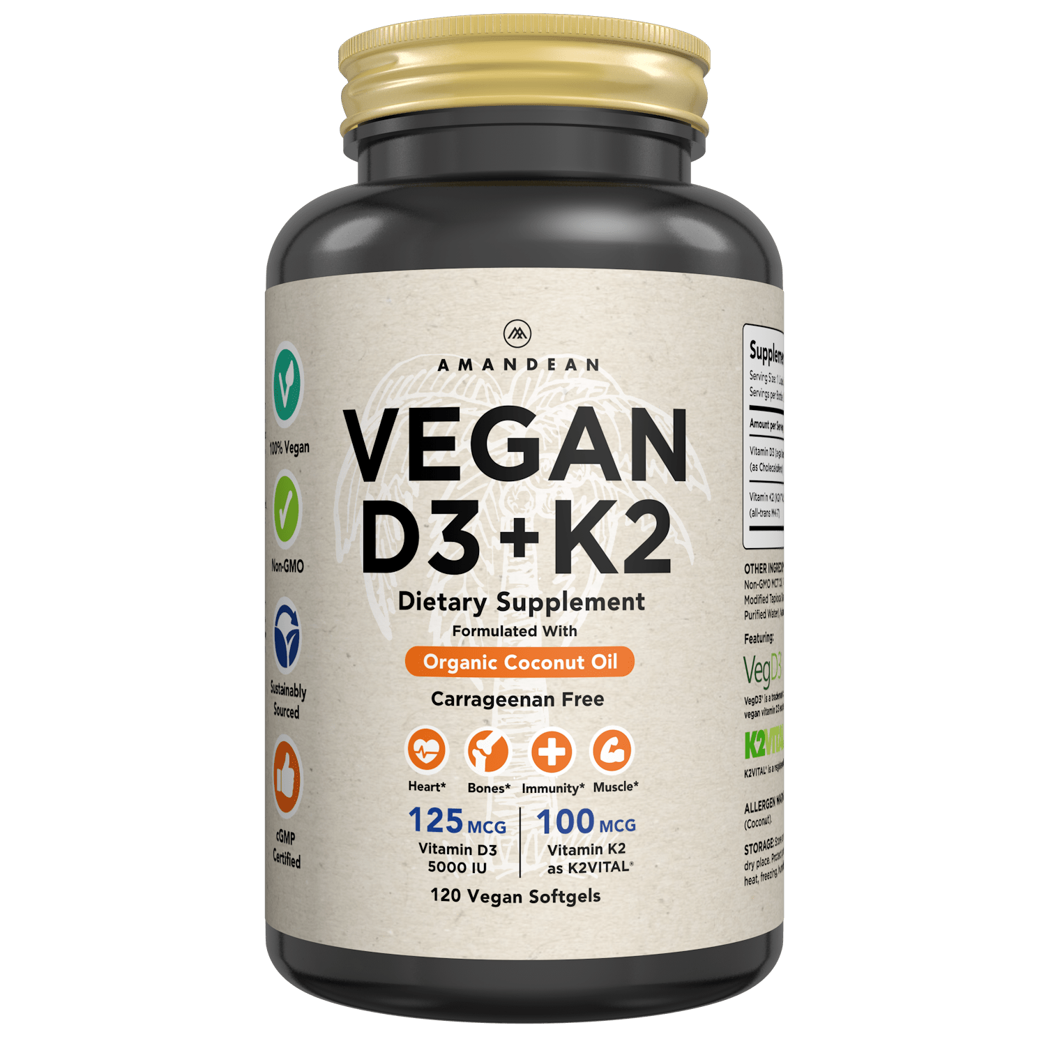 Vegan Vitamin D3 + K2 (120 Softgels) Amandean 