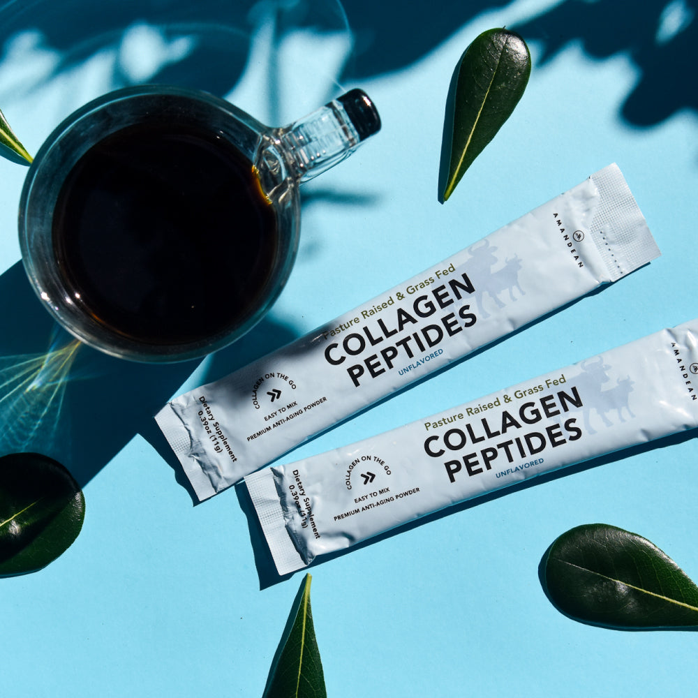 Grass-Fed Collagen Peptides Stick Packets for younger-looking skin, energy, lean muscle, flexibility, and healthy joints & bones. 30 packets per container, 11g of pure collagen protein per serving.