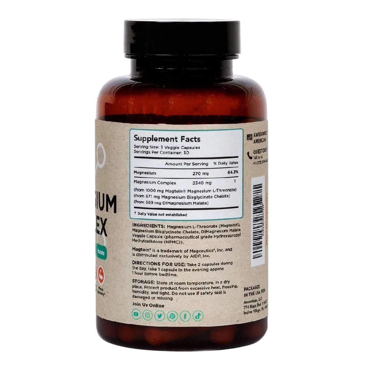 Amandean Magnesium Complex with Magtein is blended with Magnesium Bisglycinate Chelate + DiMagnesium Malate (both Albion TRAACS) in an easy-to-swallow veggie capsule for 270mg of elemental magnesium per dose. (3 capsules). 