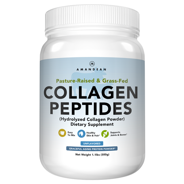 Amandean Grass-Fed, Pasture-Raised unflavored collagen peptides for hair, nails, skin, joints, bones, flexibility, lean muscle, healthy metabolism. Keto and Paleo friendly collagen protein.