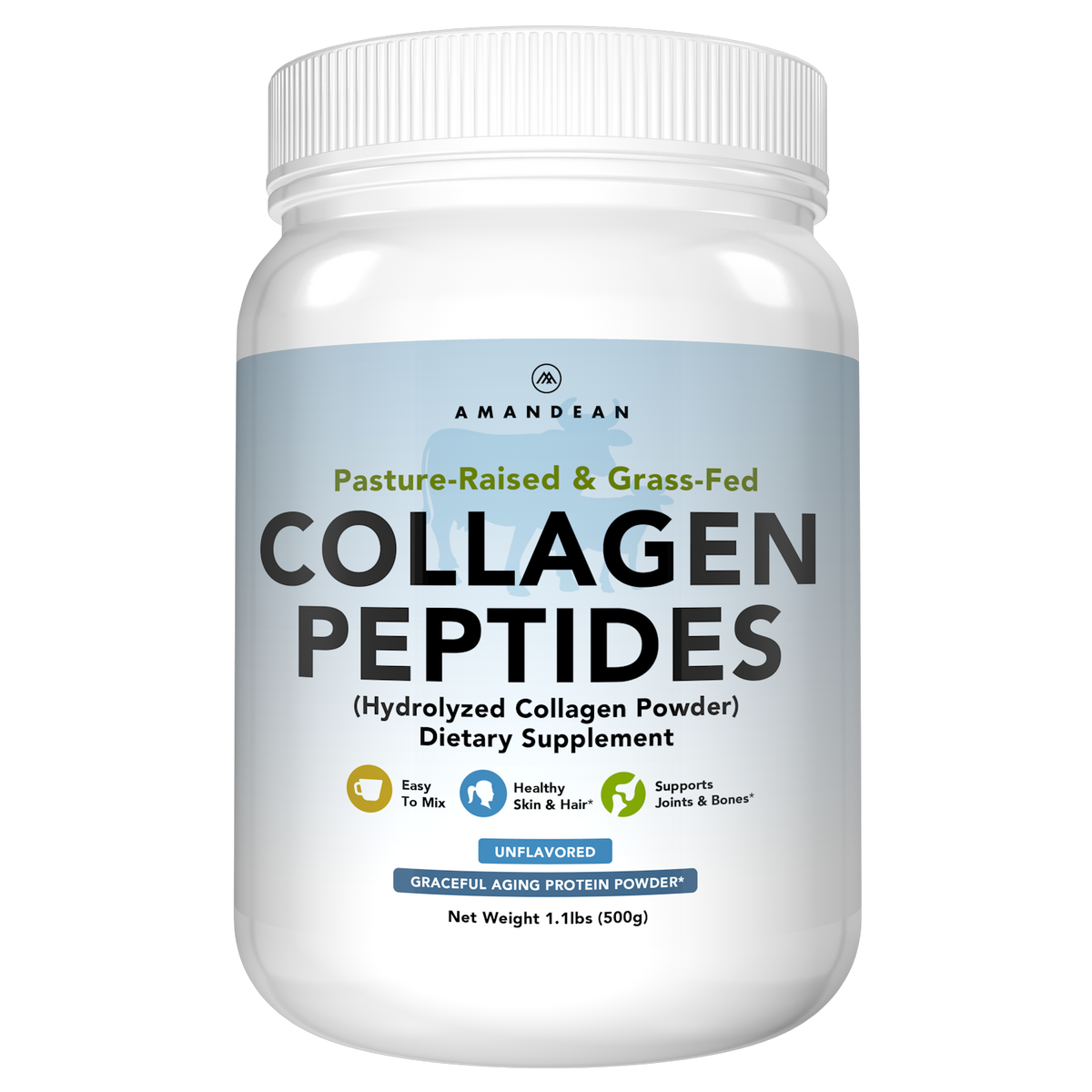 Amandean Grass-Fed, Pasture-Raised unflavored collagen peptides for hair, nails, skin, joints, bones, flexibility, lean muscle, healthy metabolism. Keto and Paleo friendly collagen protein.